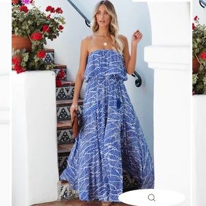 Vici Rosha Printed Strapless Tie Maci Dress - Royal Blue